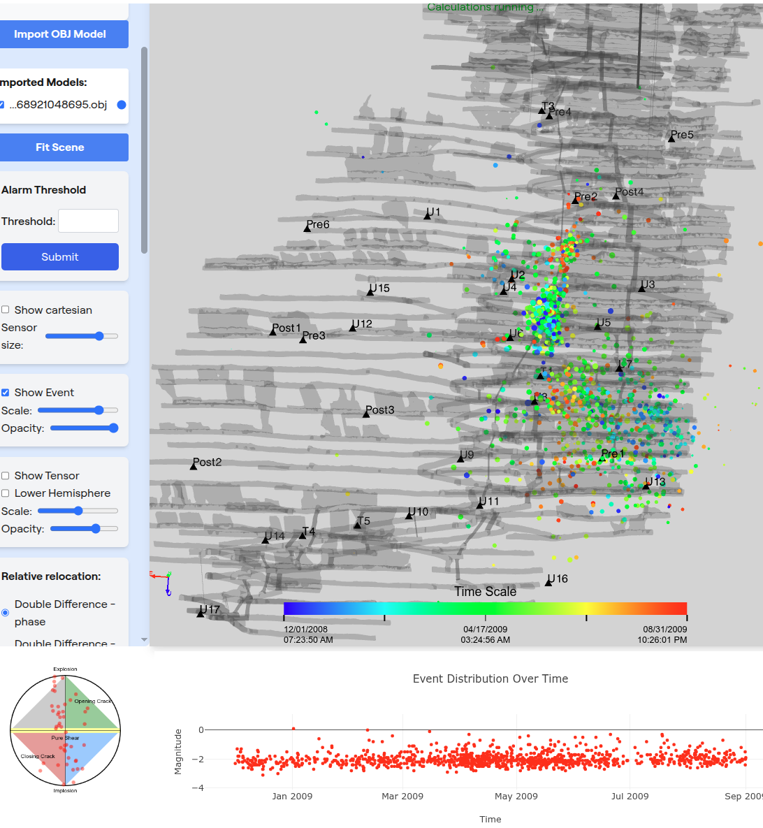 Simorgh cloud platform interface real-time microseismic event visualization with 3D localization, time-series distribution, and moment tensor analysis